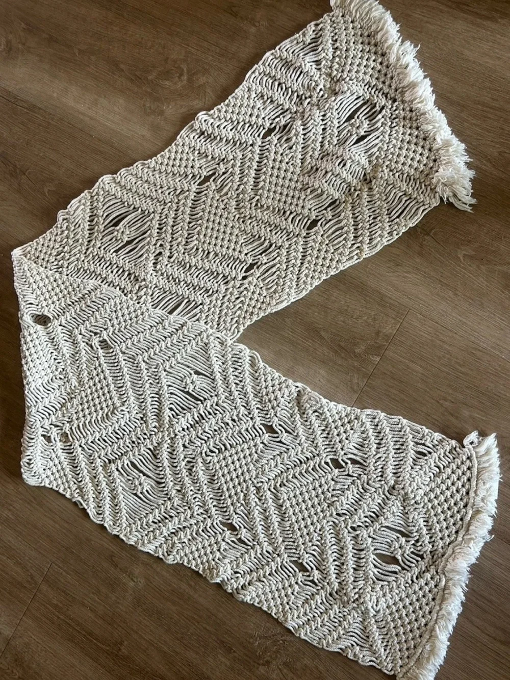 Fall Harvest Boho Macrame Table Runner Beige Fringe 16